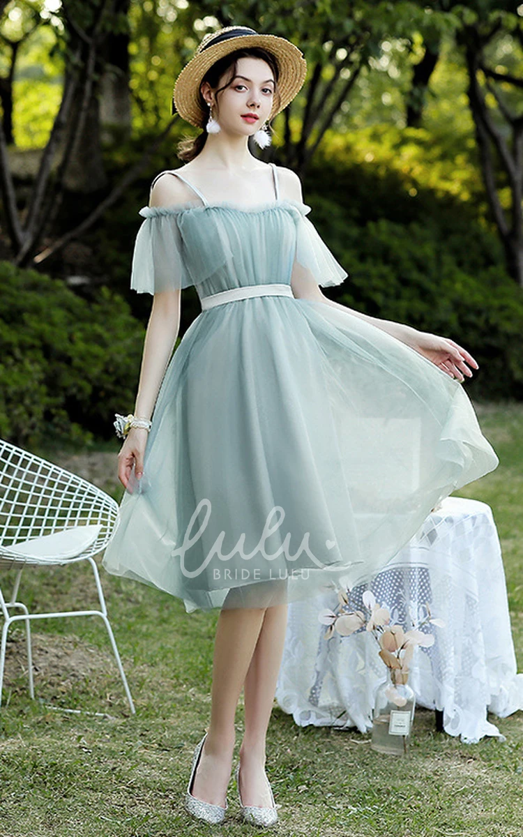 Off-the-Shoulder Tulle V-Neck A-Line Homecoming Dress with Ruching Knee-Length Midi Prom Party Dress