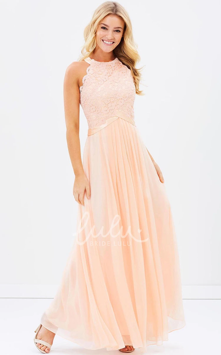 Chiffon Appliqued Bridesmaid Dress with Scoop Neck and Ribbon Sleeveless