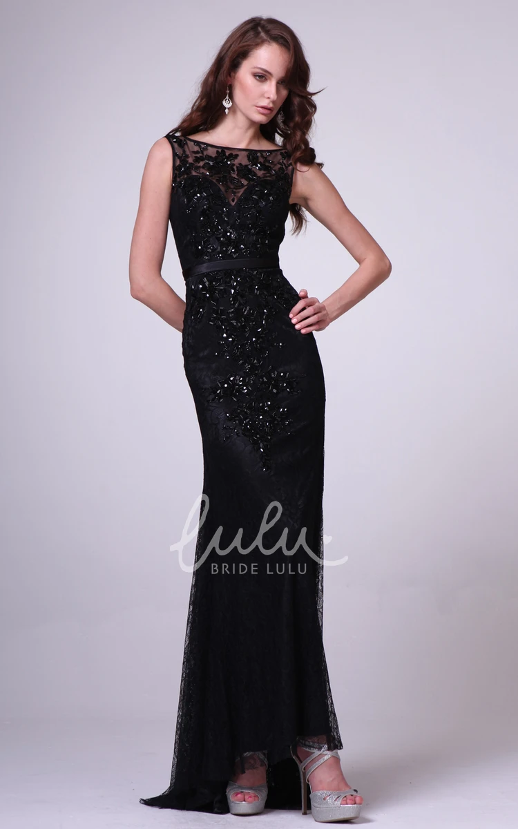 Lace Sleeveless Sheath Formal Dress with Deep-V Back and Pleats