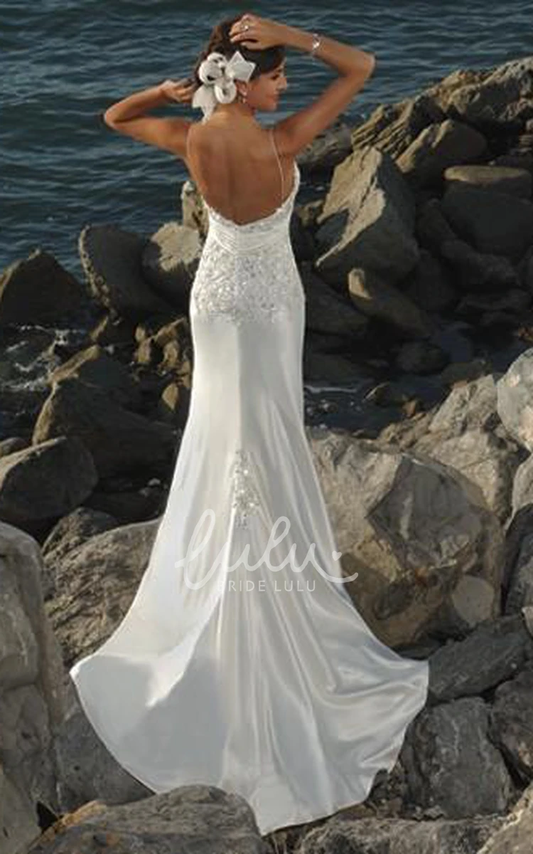 Satin Sheath Column Wedding Dress with Spaghetti Straps Modern Bridal Gown