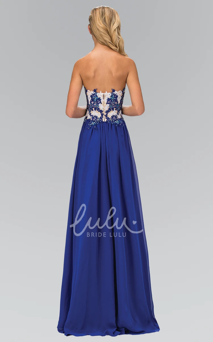 Sweetheart Sleeveless Chiffon A-Line Dress with Appliques Pleats and Backless Design