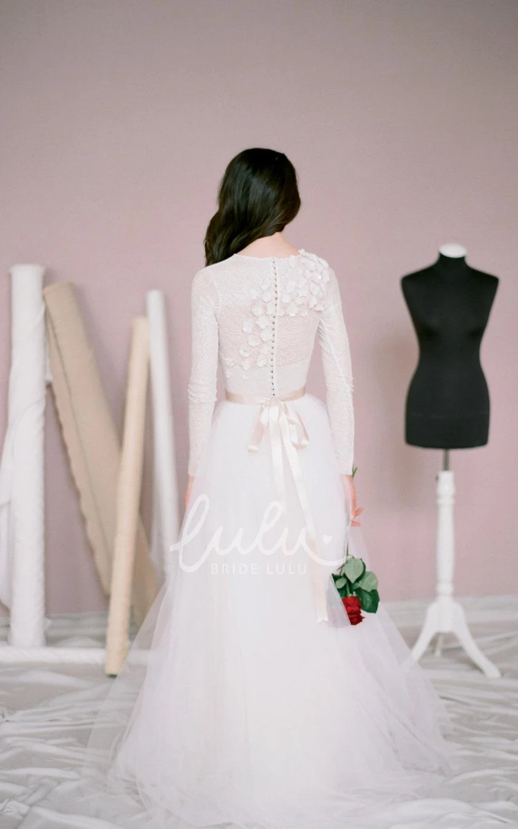 Modest A-Line Tulle Wedding Dress with Long Sleeves Jewel Neck Bridal Gown