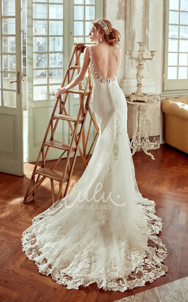 Sheath Wedding Dress with Lace Floral Straps and Open Back Unique Bridal Gown