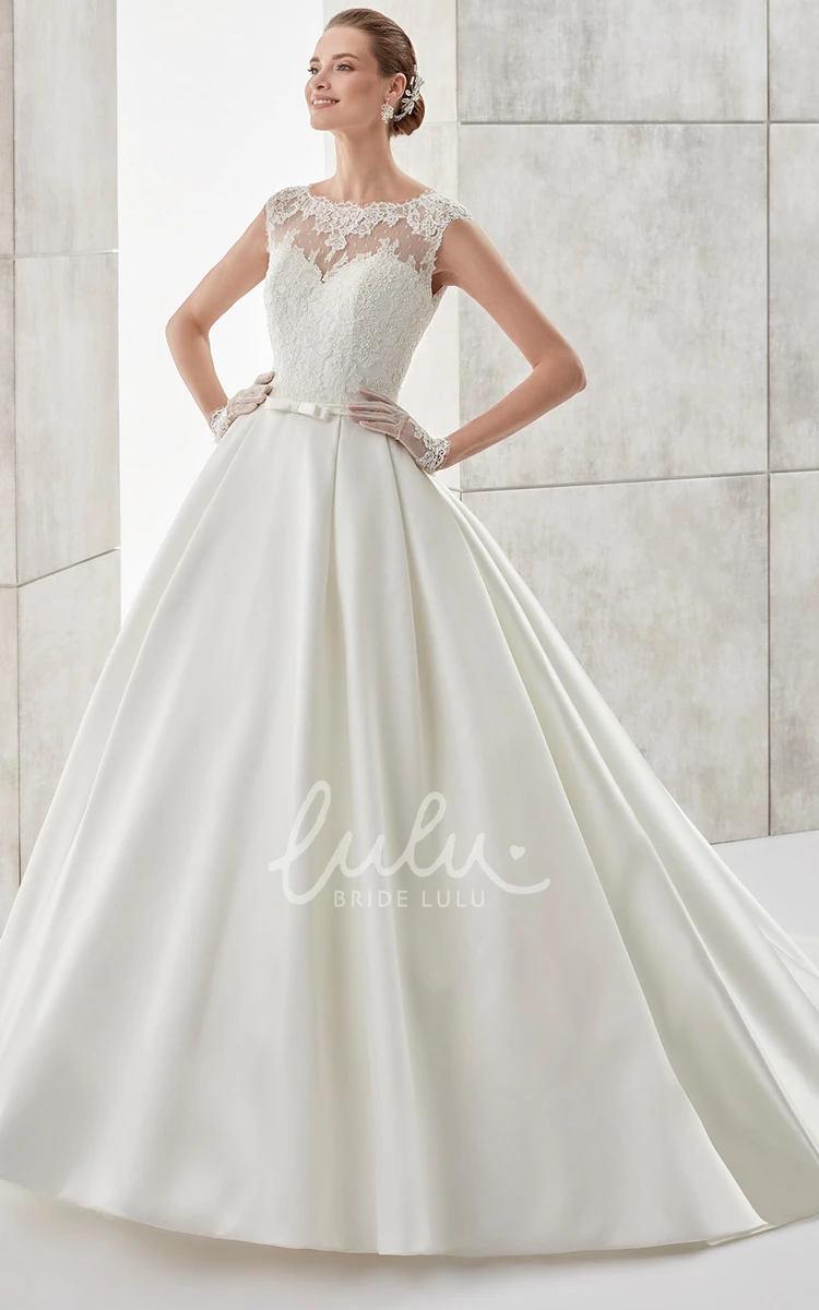 Brush Train A-line Satin Wedding Dress with Scalloped-Neck and Cap-Sleeves Chic Wedding Dress