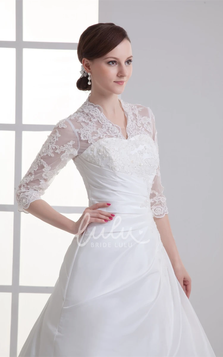 Lace A-line Wedding Gown with Appliques Scalloped-Neck 3/4 Sleeves Bridal Dress