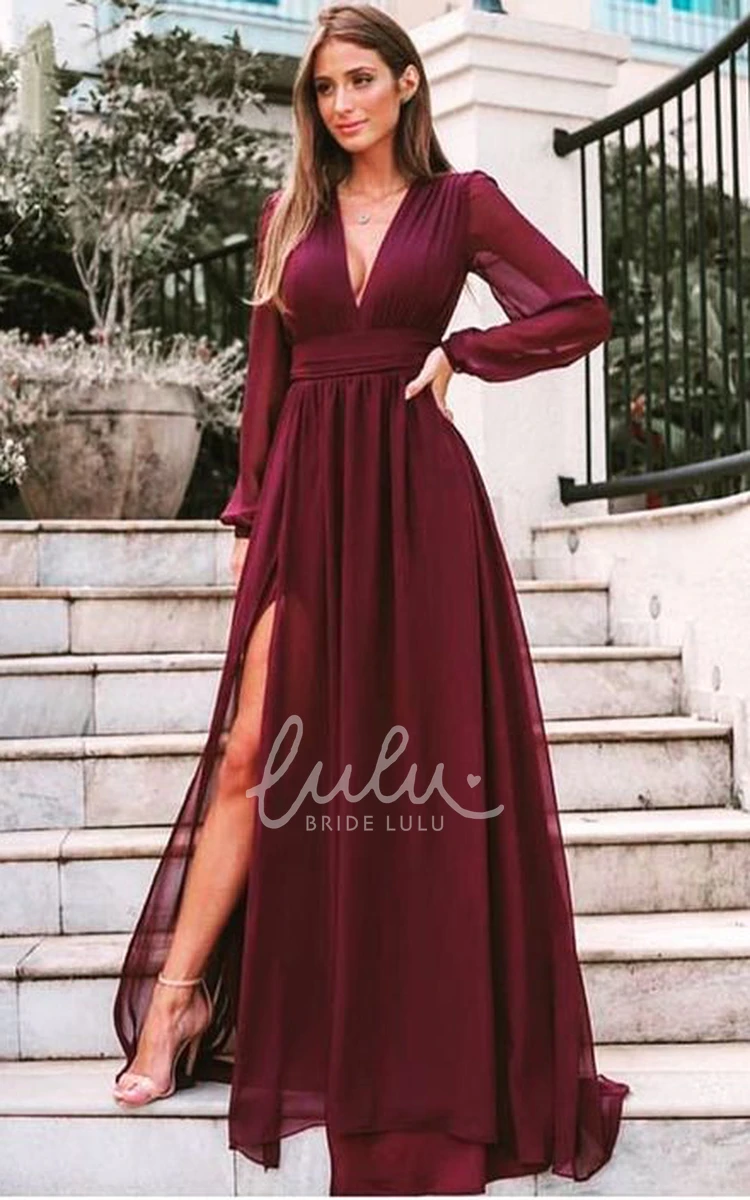 Chiffon V neck Long Sleeve A Line Formal Dress with Split Front