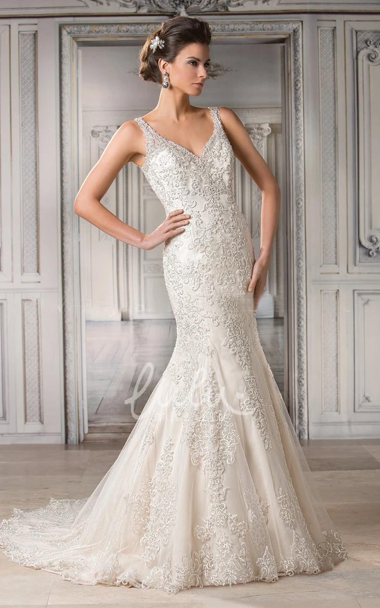 Mermaid Wedding Dress with Appliques and Illusion Back Sleeveless V-Neck Style