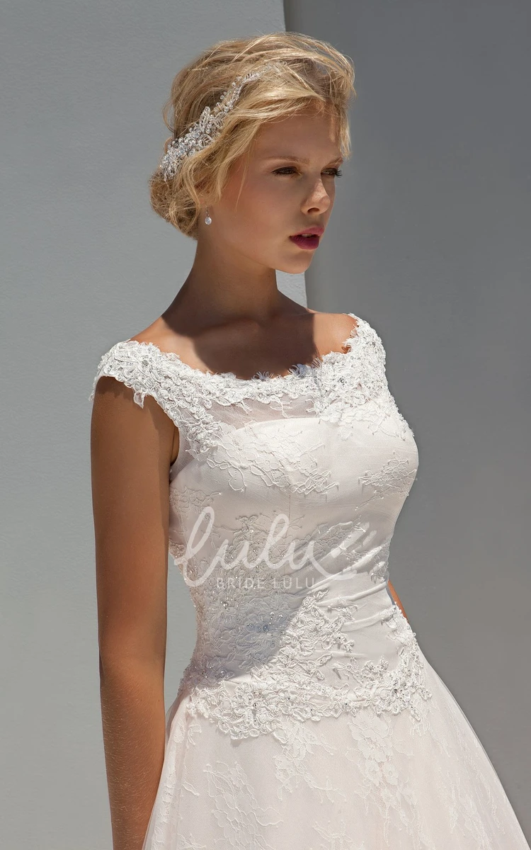 A-Line Lace Wedding Dress with Cap Sleeves and Long Scoop Neck