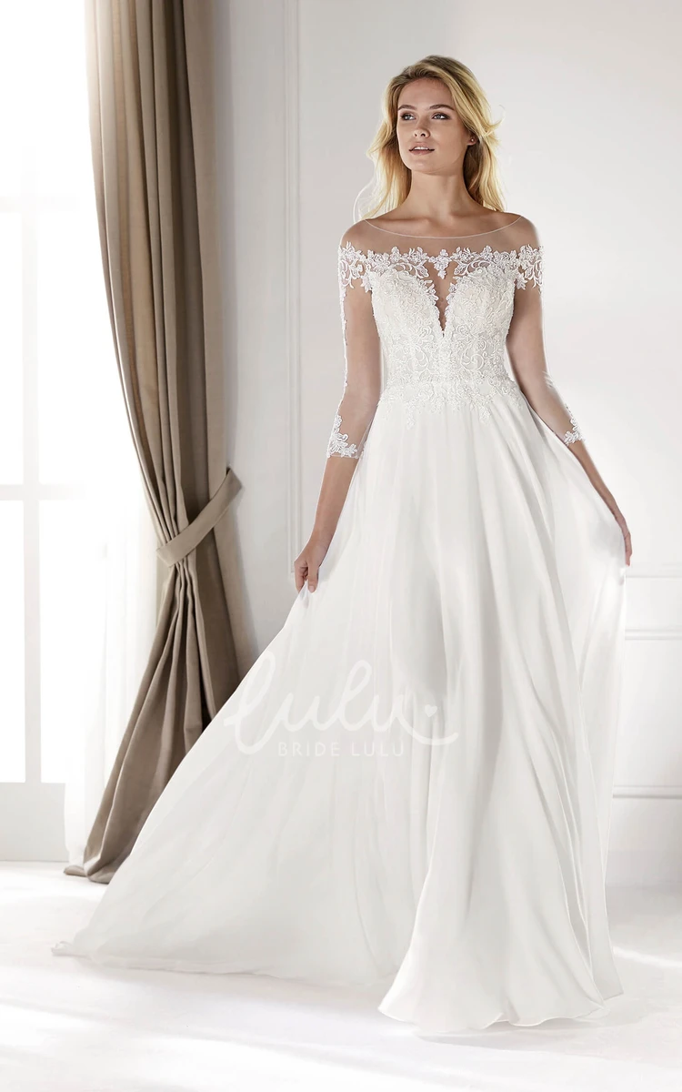 Illusion Lace Chiffon Wedding Gown with Court Train and Ethereal 3/4 Sleeves Modern Bridal Dress