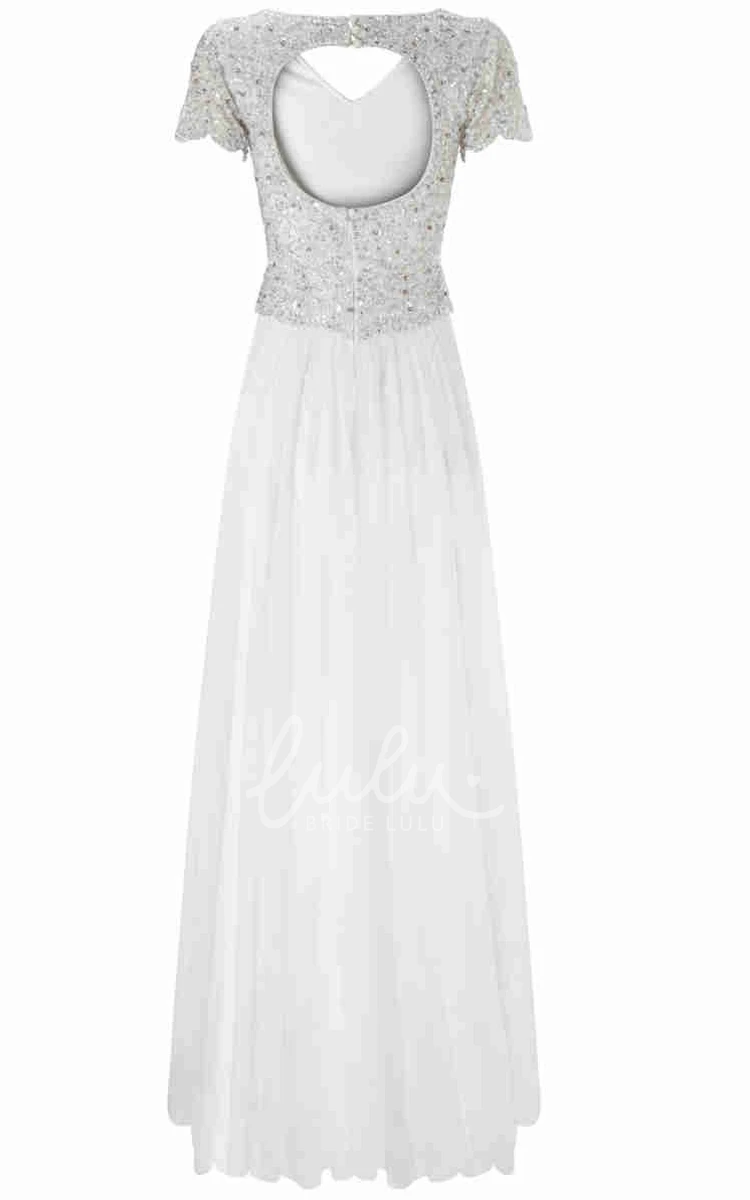 Short-Sleeve Sequin V-Neck Sheath Wedding Dress Unique Bridal Gown
