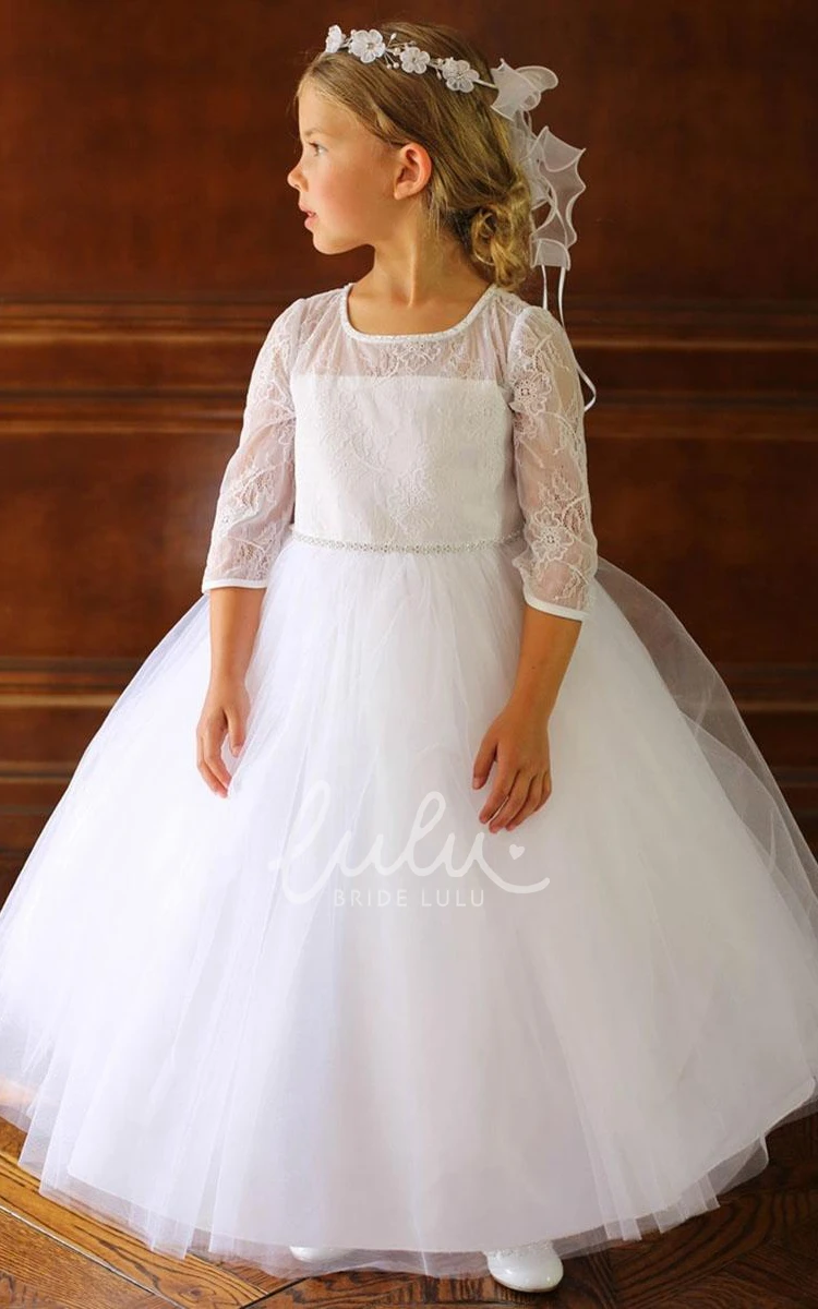 Beaded Tulle&Lace Ankle-Length Flower Girl Dress with Tiered Design