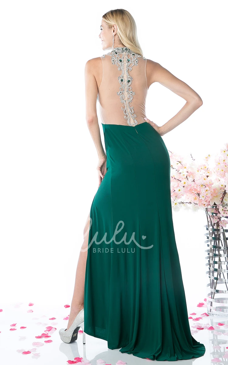 High Neck Sleeveless Jersey Bridesmaid Dress with Illusion and Front Split