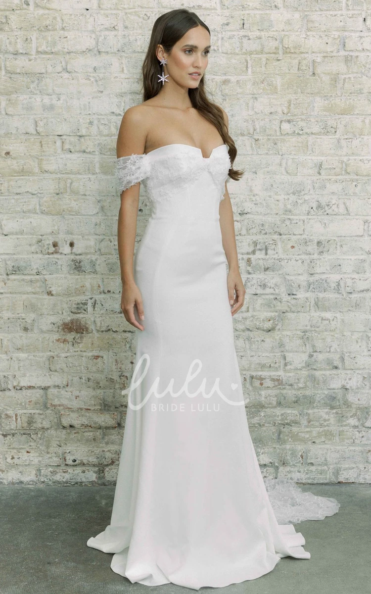 Satin Off-shoulder Sheath Floor-length Wedding Dress with Lace and Open Back