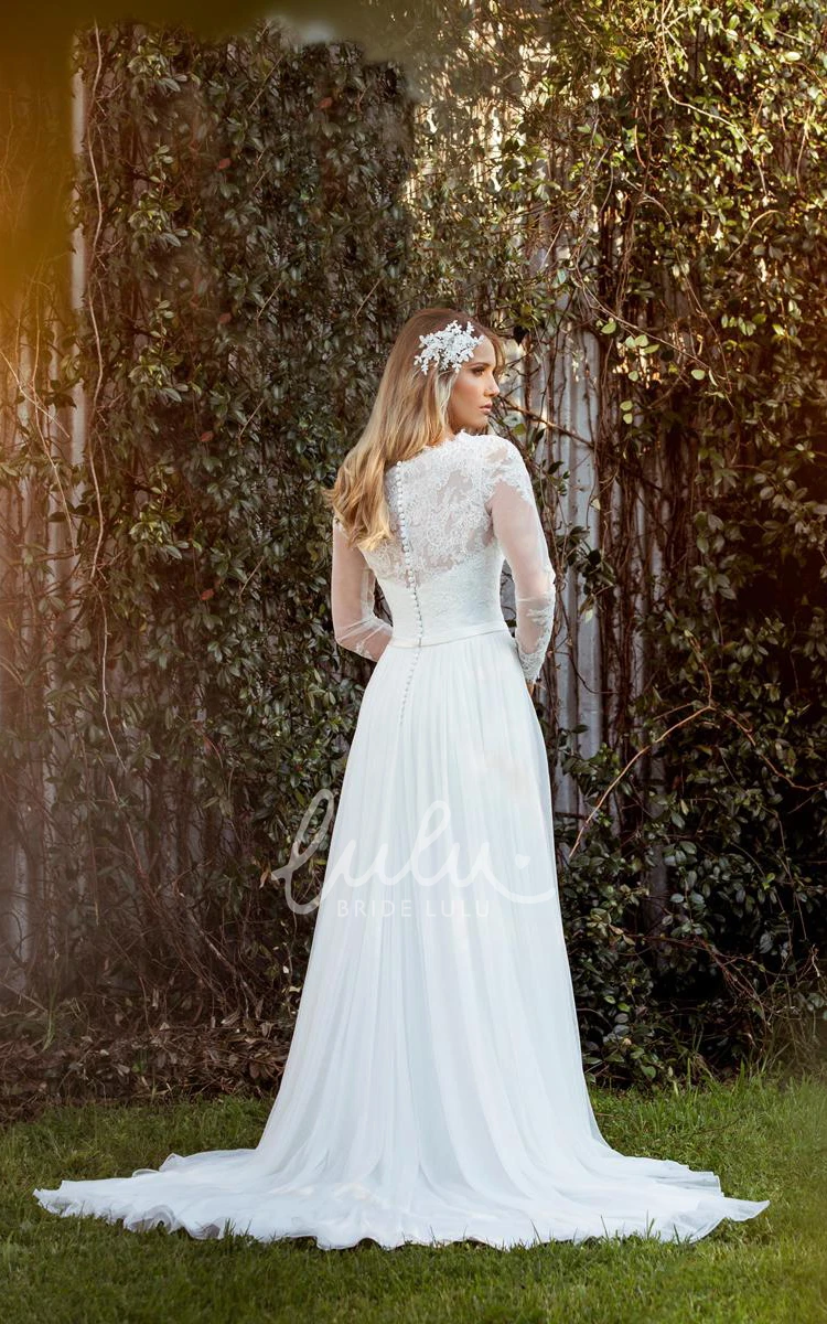 Long-Sleeve Jewel-Neck Chiffon Wedding Dress with Illusion Elegant Sheath Wedding Dress