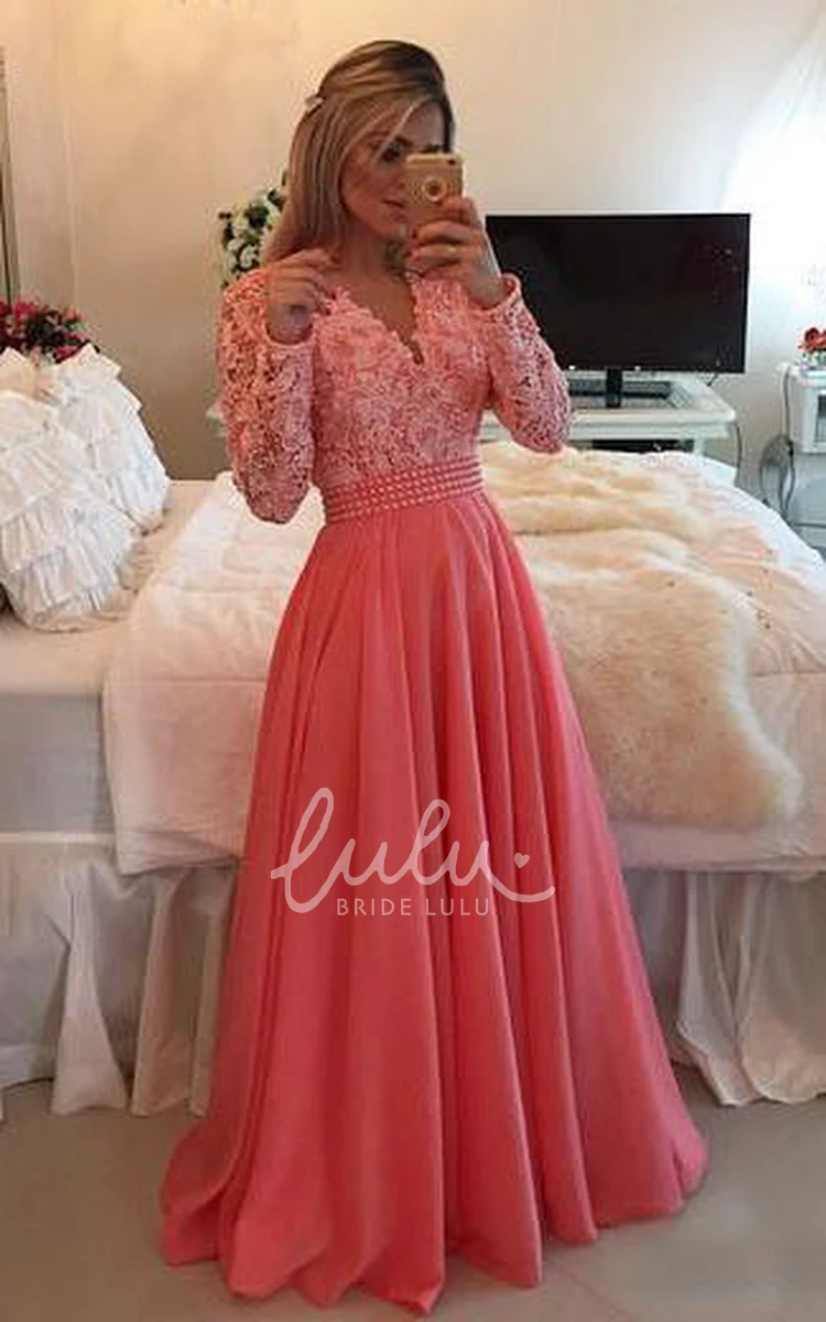 A-line Chiffon Lace Formal Dress with V-neck and Long Sleeves