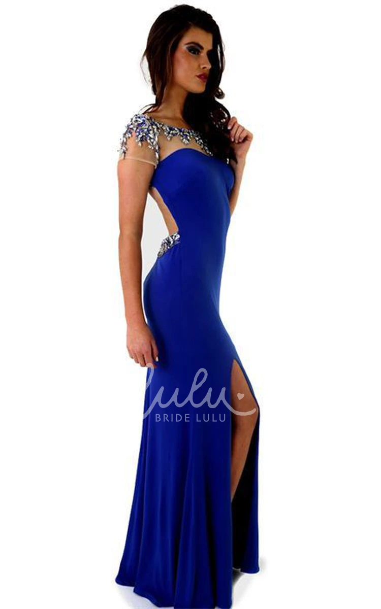 Beaded Jersey Sheath Prom Dress with Split Front and Cap-Sleeve Scoop Unique Prom Dress