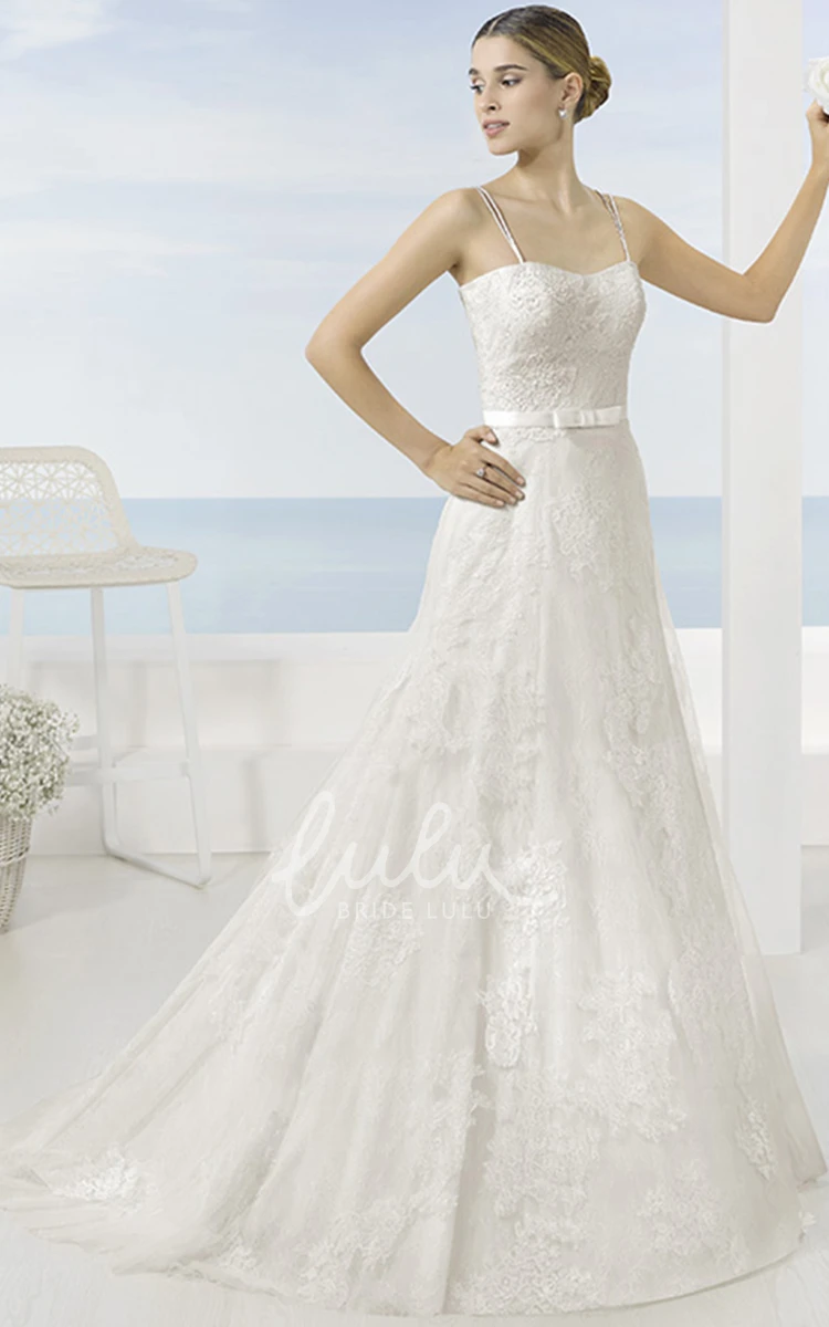 Sleeveless A-Line Lace Wedding Dress with Chapel Train and Low-V Back Modern Bridal Gown