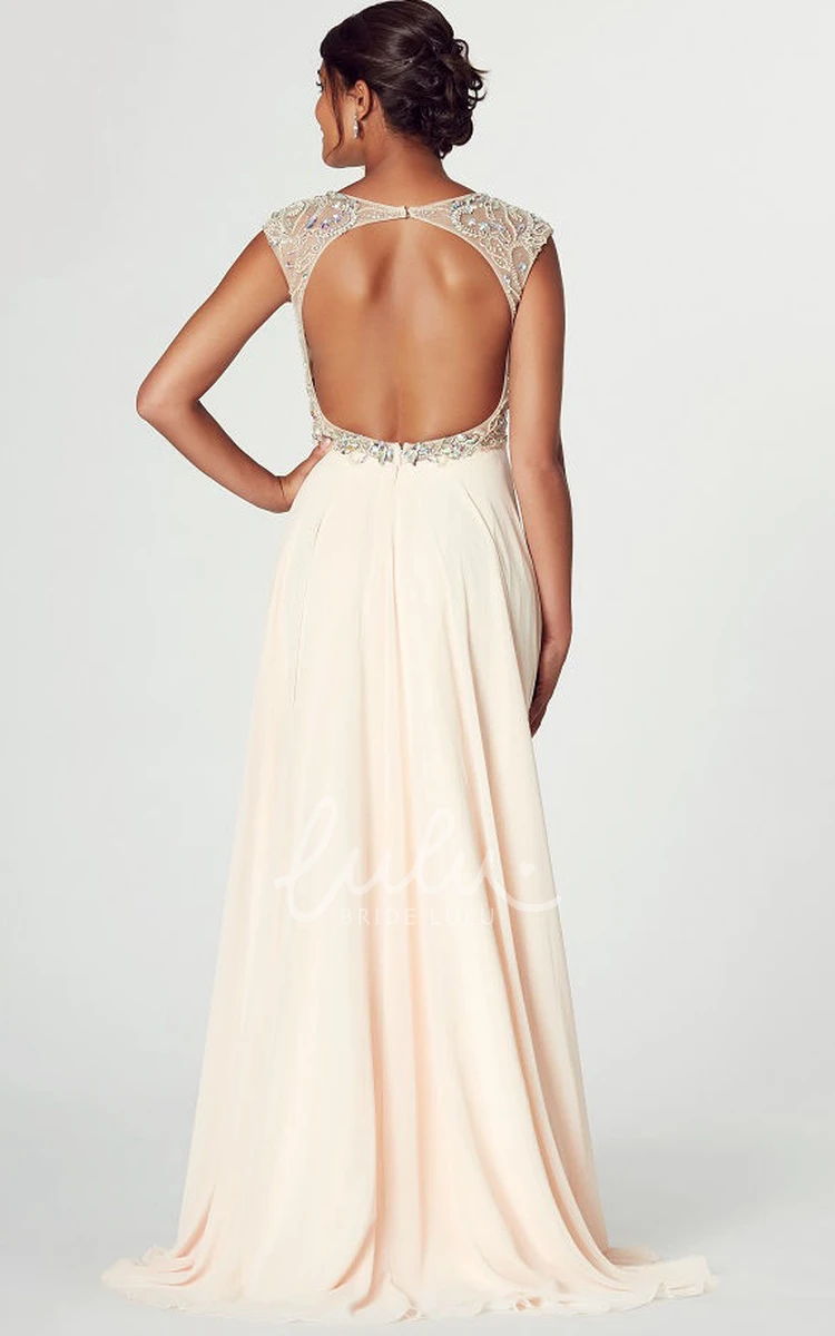 Chiffon V-Neck Crystal Cap Sleeve Prom Dress With Keyhole