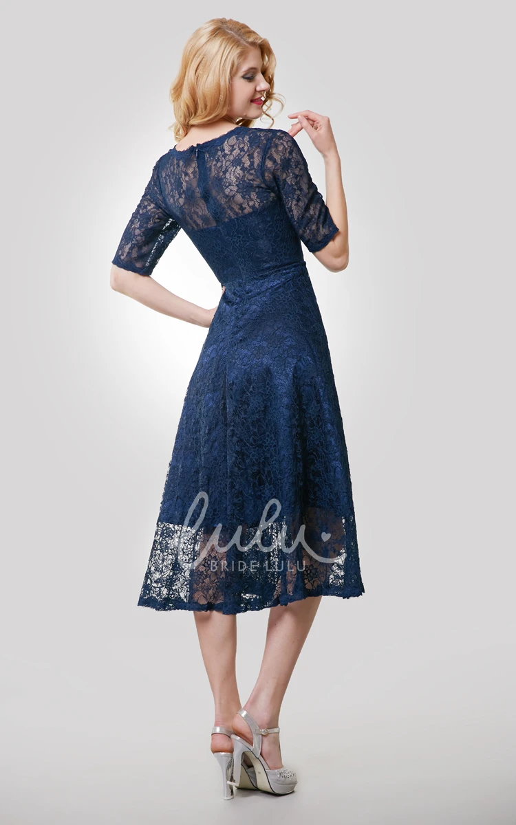 Lace Tea Length Dress With Jewel Neckline Half Sleeve