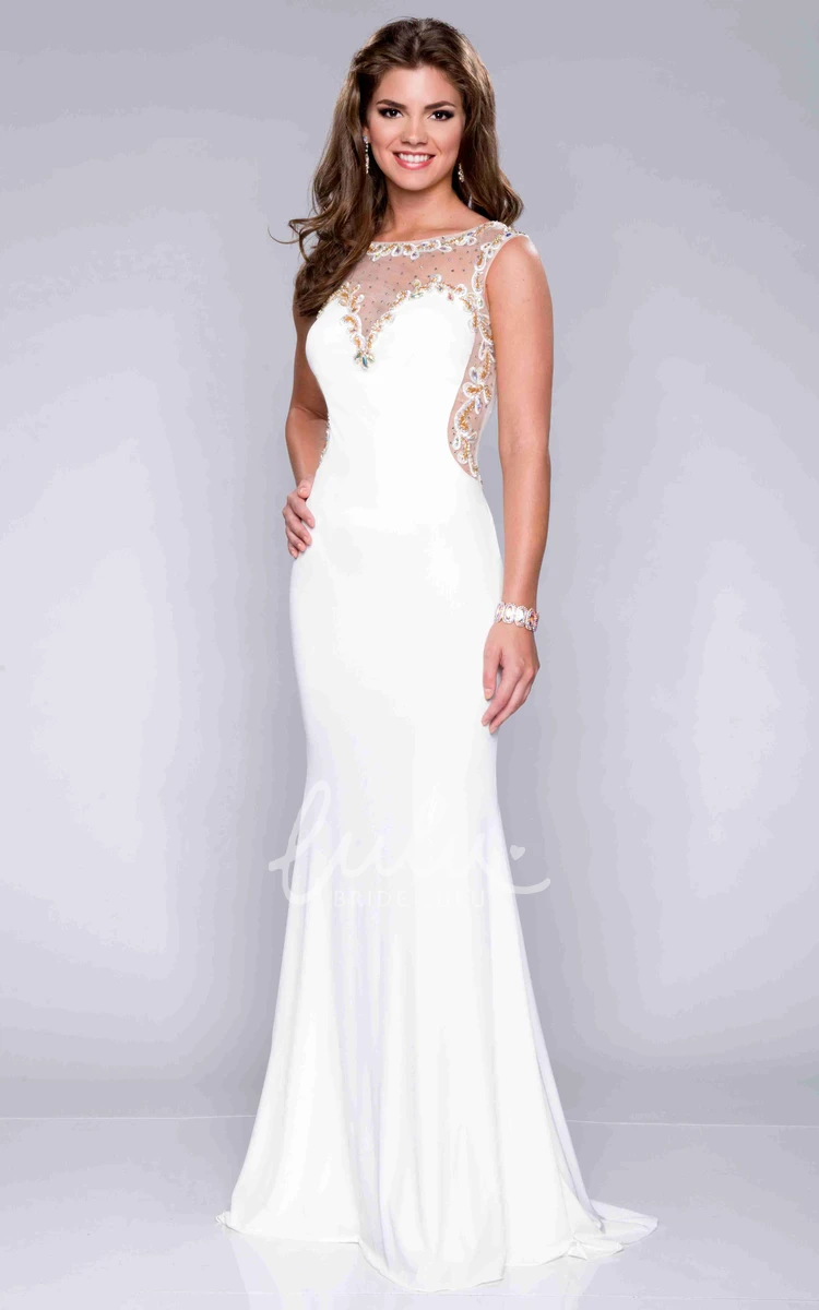 Sleeveless Bateau Neck Sheath Prom Dress with Jeweled Illusion Back Classy Evening Dress