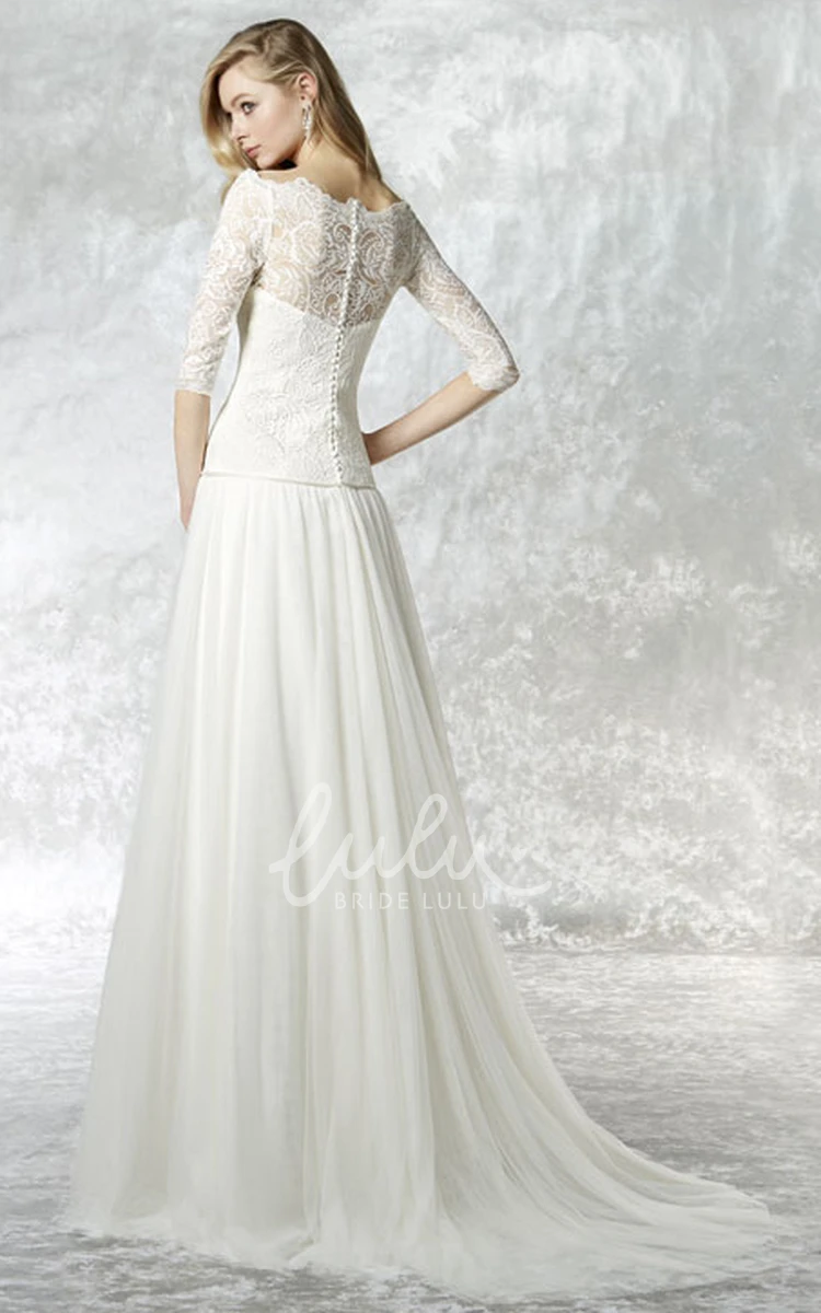 Lace Tulle Wedding Dress with Bateau Neck and Brush Train Sheath Bridal Gown