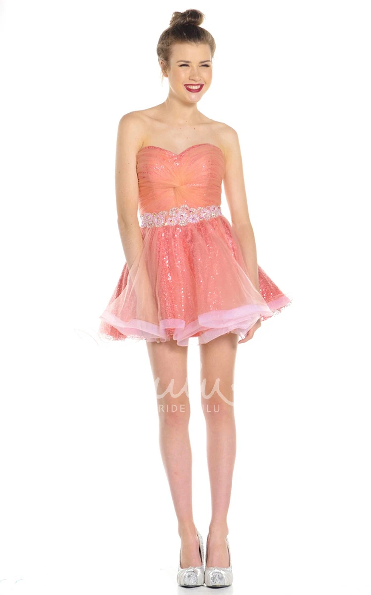 A-Line Sweetheart Sequin and Tulle Prom Dress Sleeveless Mini with Waist Jewelry