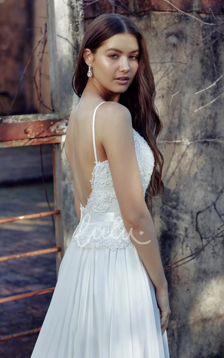 Chiffon Spaghetti Wedding Dress Floor-Length Jeweled Bridal Gown with Appliques and Deep-V Back