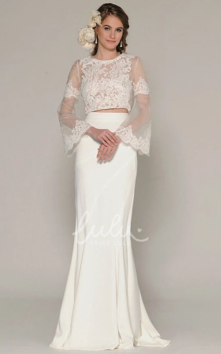 Bell-Sleeve Chiffon Wedding Dress with Applique Scoop Neck Flowy Unique