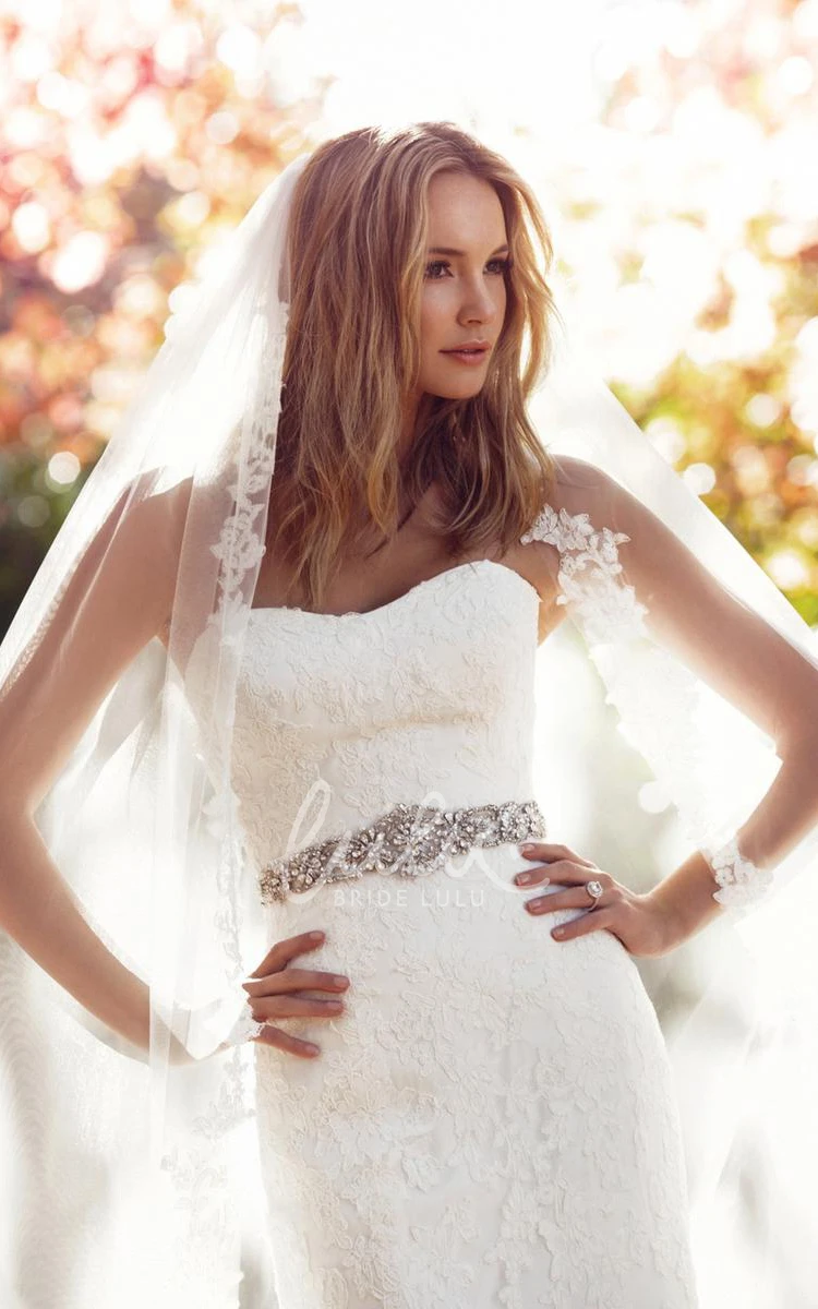 Strapless Lace Wedding Dress with Appliqued Waist Jewelry Sheath