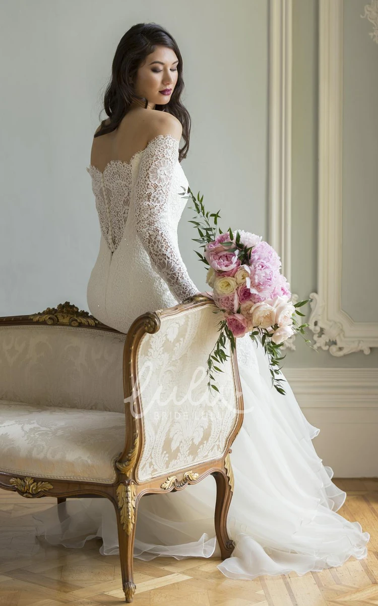 Off-The-Shoulder Lace and Organza Wedding Dress with Tiered Skirt and Illusion Sleeves