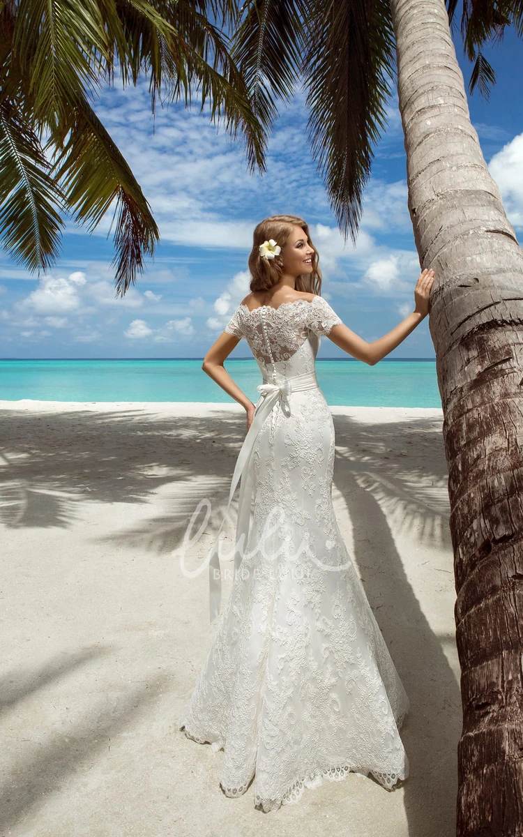 Cap-Sleeve Lace-Up Mermaid Wedding Dress with Sash and Appliques