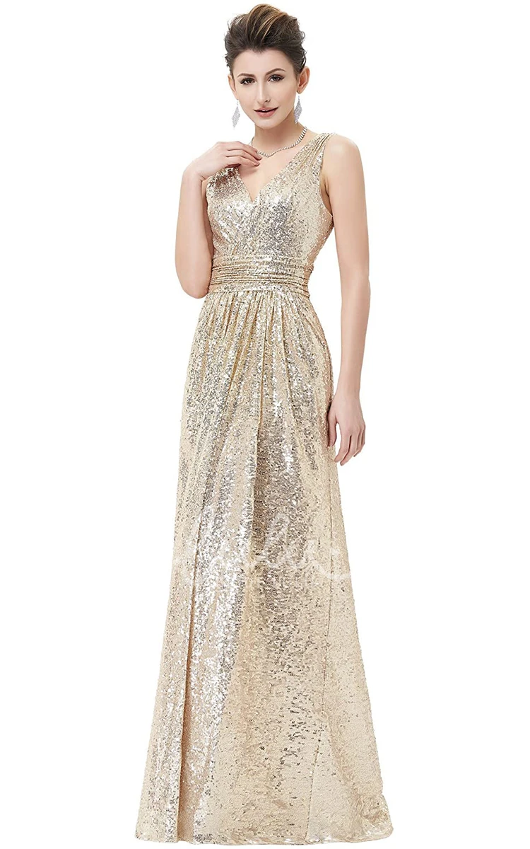 V-Neck A-Line Sequin Bridesmaid Dress with Ruching Floor-Length