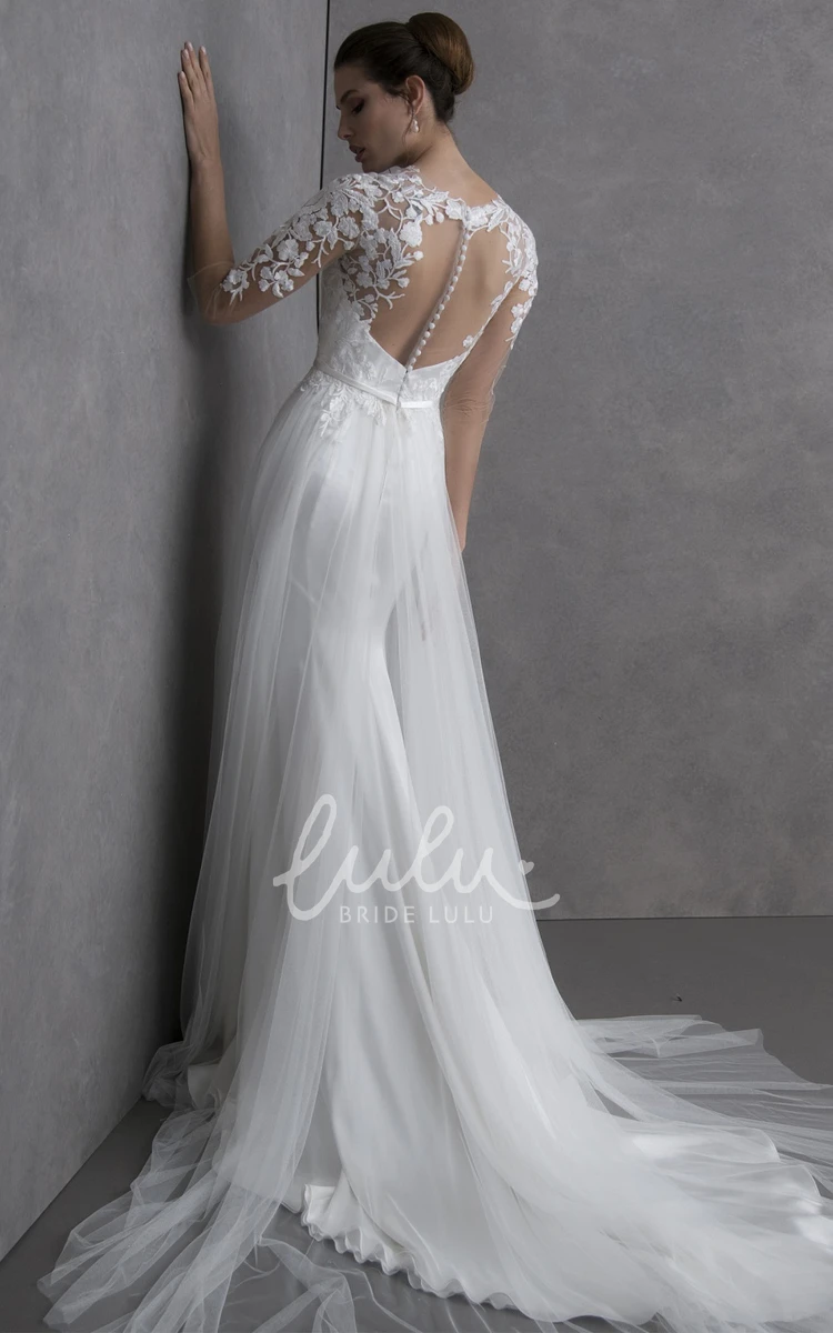 Satin Applique A-Line Wedding Dress with 3/4 Sleeves Elegant Bridal Gown