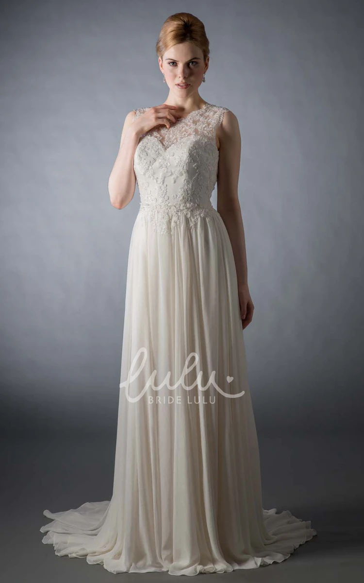 Scoop Appliqued Chiffon Wedding Dress Long Sweep Train