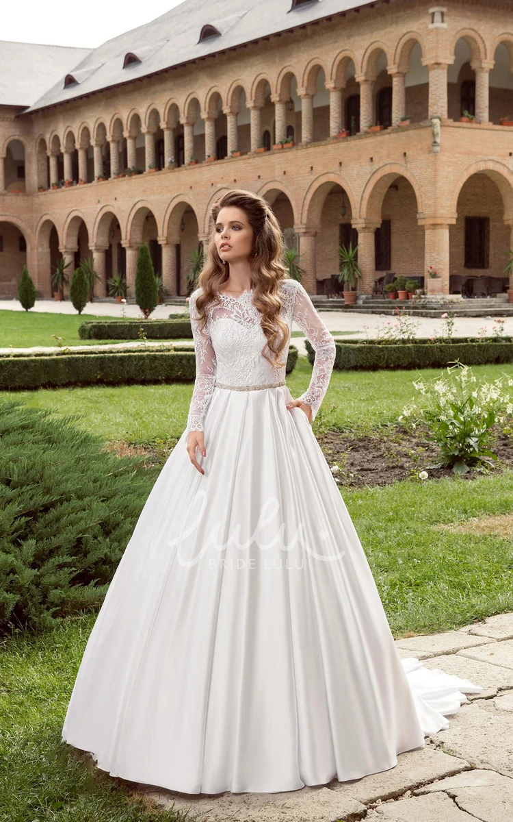 Long Sleeve Satin Wedding Dress with Crystal Detailing and V-Back