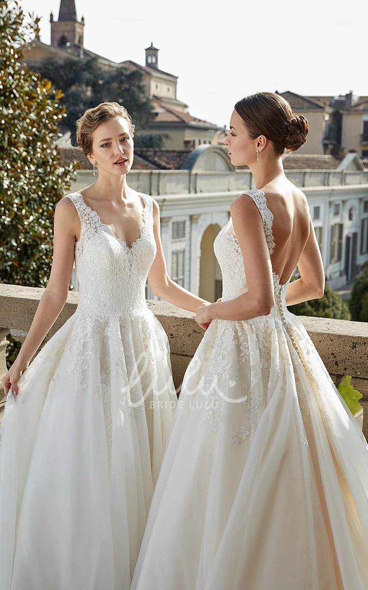 Tulle Ball Gown V-Neck Sleeveless Wedding Dress with Appliques