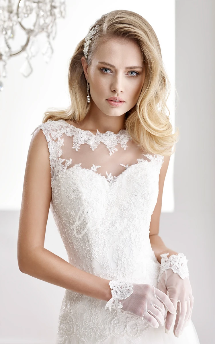 Chiffon Gown with Draping and Illusive Neckline Lace Bodice