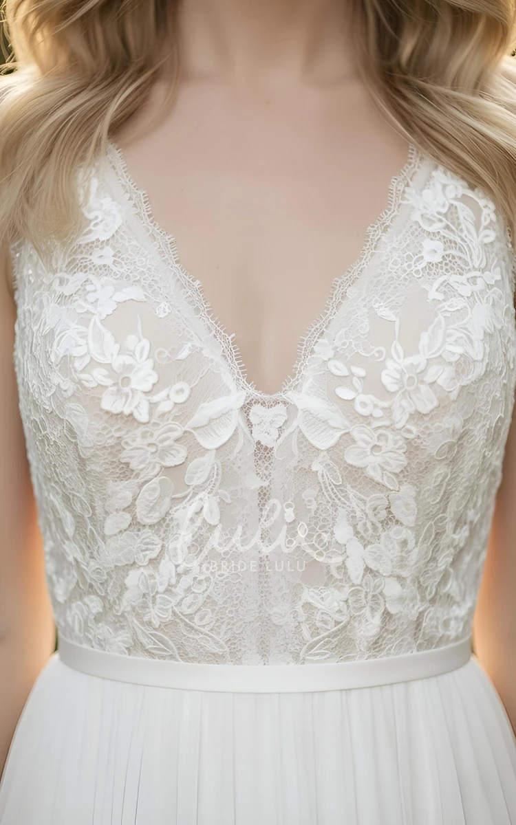 Sleeveless Lace A-Line Wedding Dress V-Neck Chiffon Garden Gown for Outdoor Wedddings