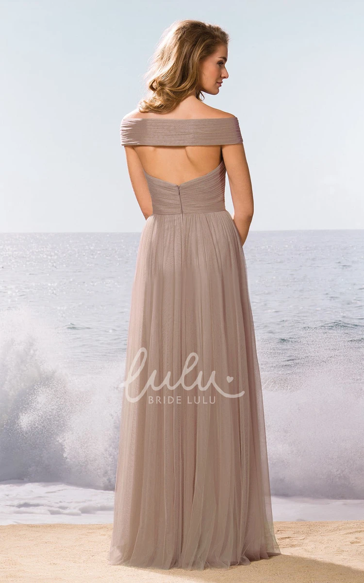 Off-Shoulder A-Line Bridesmaid Dress with V-Neck Pleats and Keyhole Back