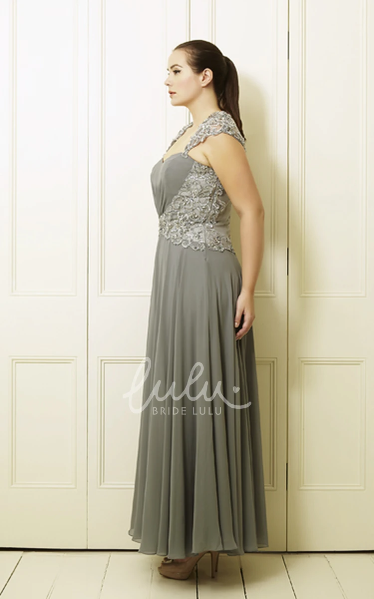 Plus Size Chiffon Prom Dress with A-Line Beaded Ankle-Length and Queen-Anne Neckline