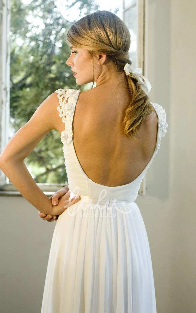 Backless Chiffon Ruched Wedding Dress with Appliqued Cap Sleeves