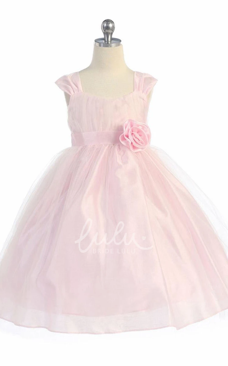 Empire Tulle Flower Girl Dress Tea-Length Tiered Style with Straps