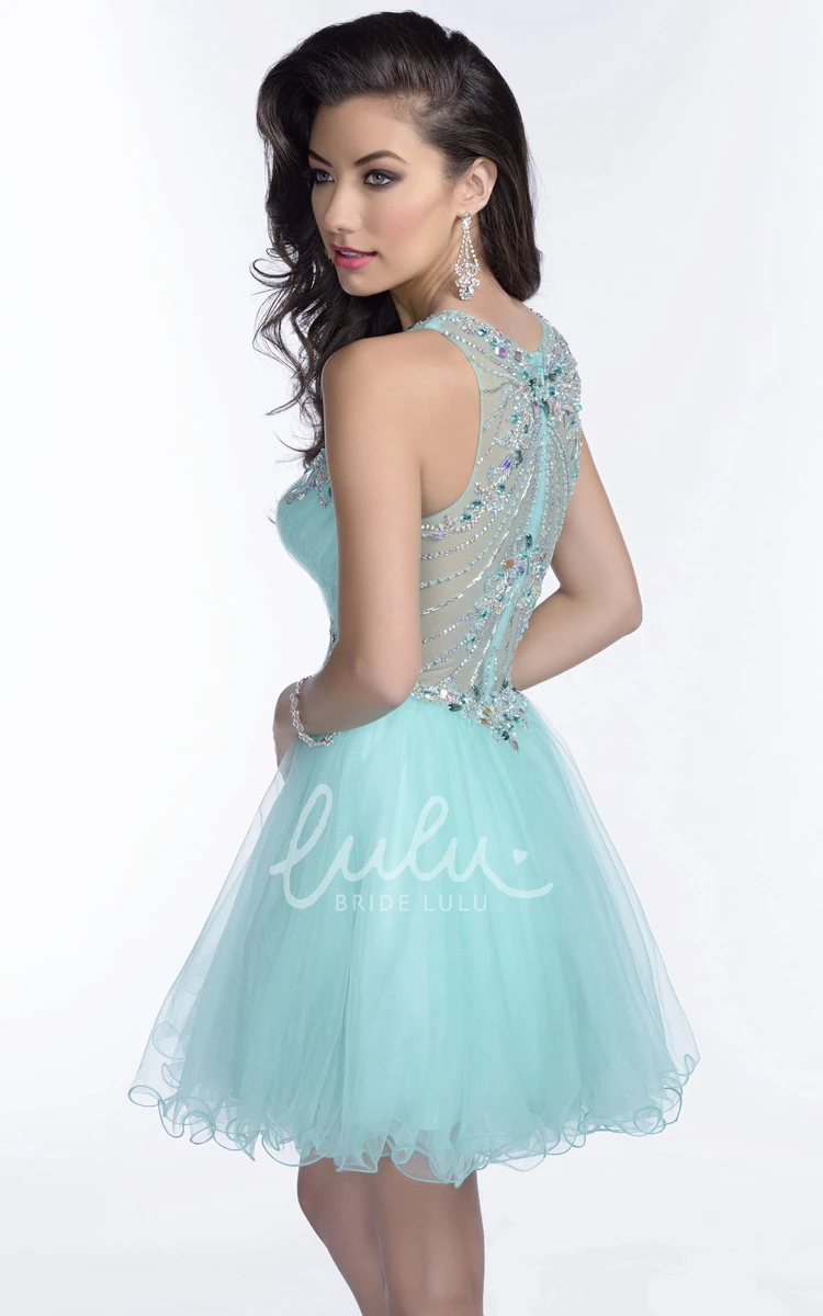 Crystal Embellished Sleeveless Mini A-Line Prom Dress with Tulle Skirt