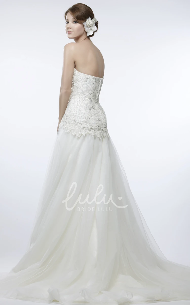 Beaded Sleeveless Tulle Wedding Dress with Brush Train A-Line Style