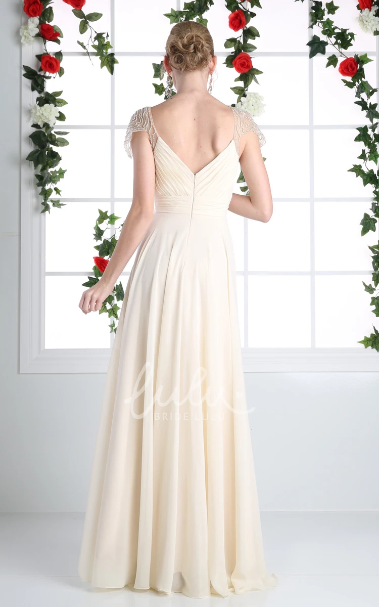 V-Neck Cap-Sleeve A-Line Chiffon Formal Dress with Beading