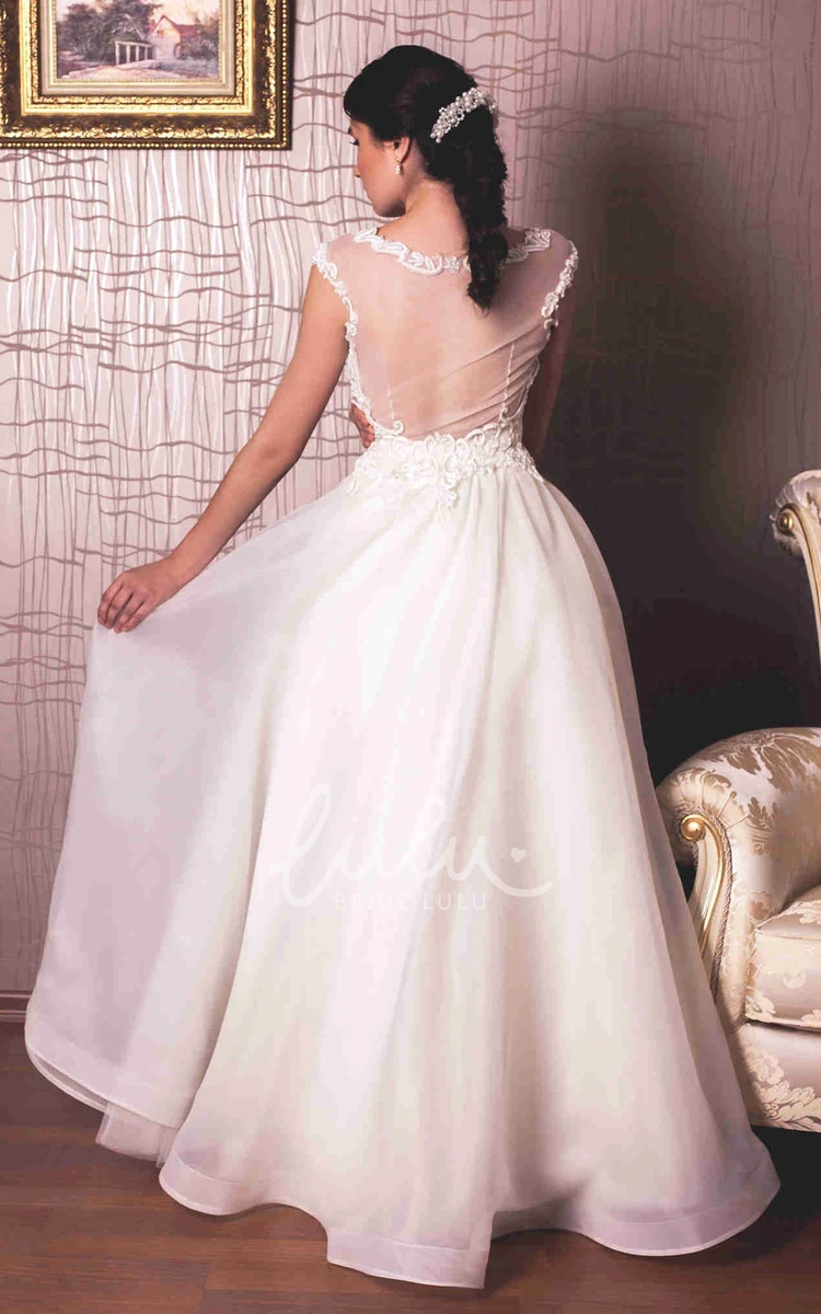 Organza Cap-Sleeve Wedding Dress with Appliques A-Line Style