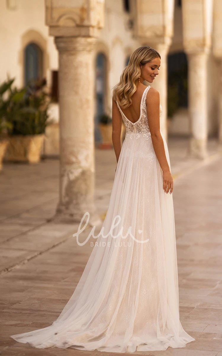Tulle Floor-length Plunging V-neck Sexy A-Line Sleeveless Wedding Dress With Deep-V Back