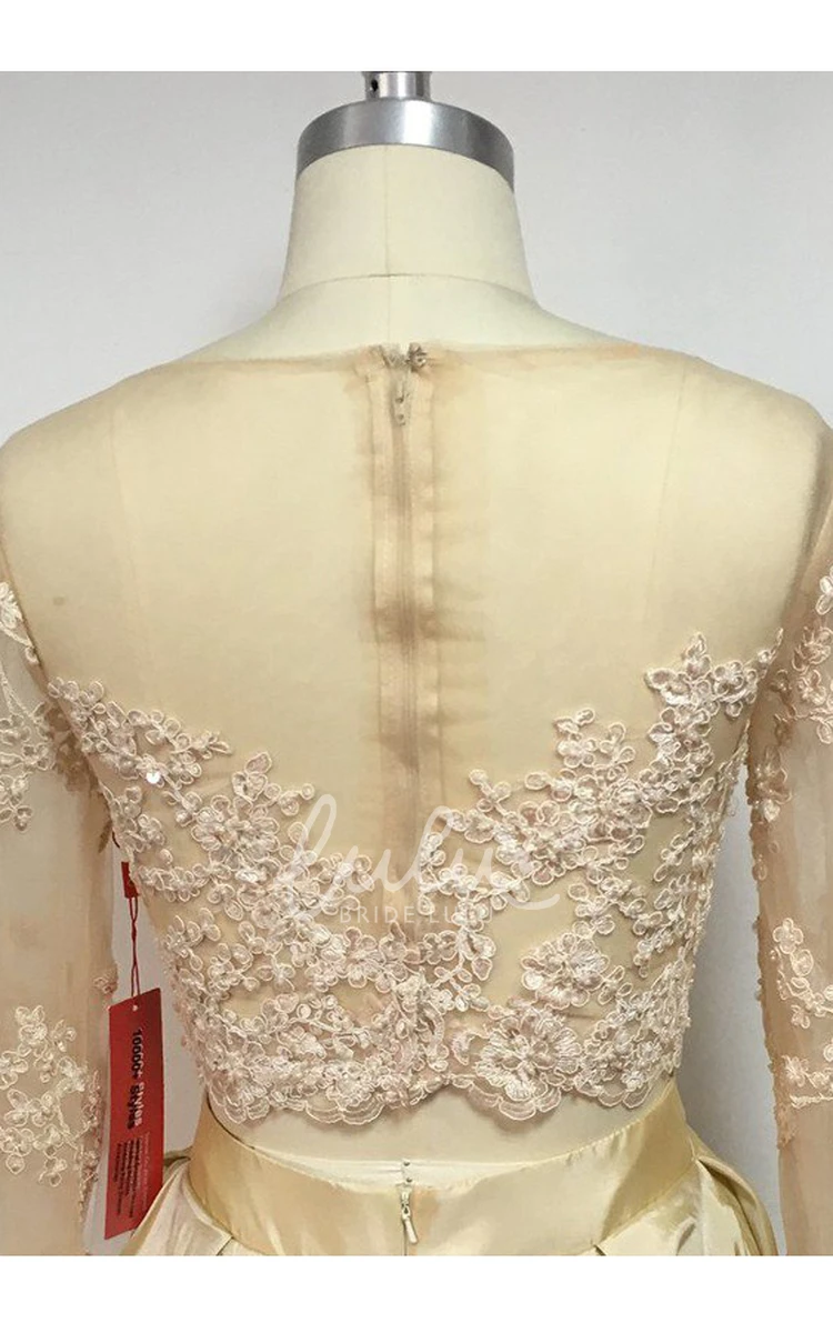 Jewel Satin Lace Illusion Long Sleeve Elegant Formal Dress
