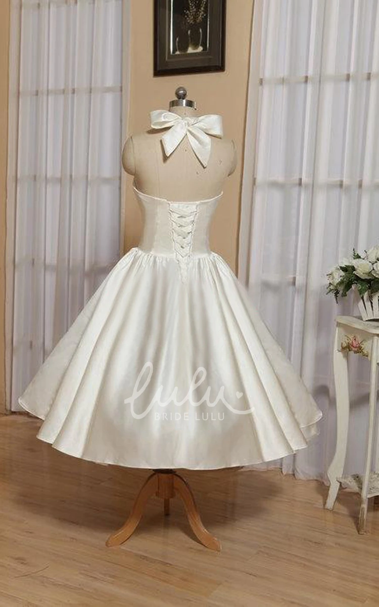 Tea-Length Satin Wedding Dress with Bow and Lace-Up Back Halter Vintage Flowy Chic