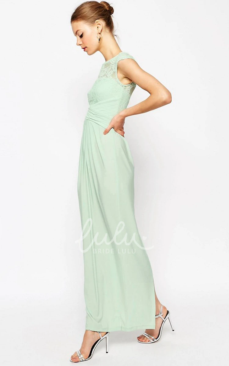Lace Sheath Bridesmaid Dress with Cap Sleeves and Ankle-Length
